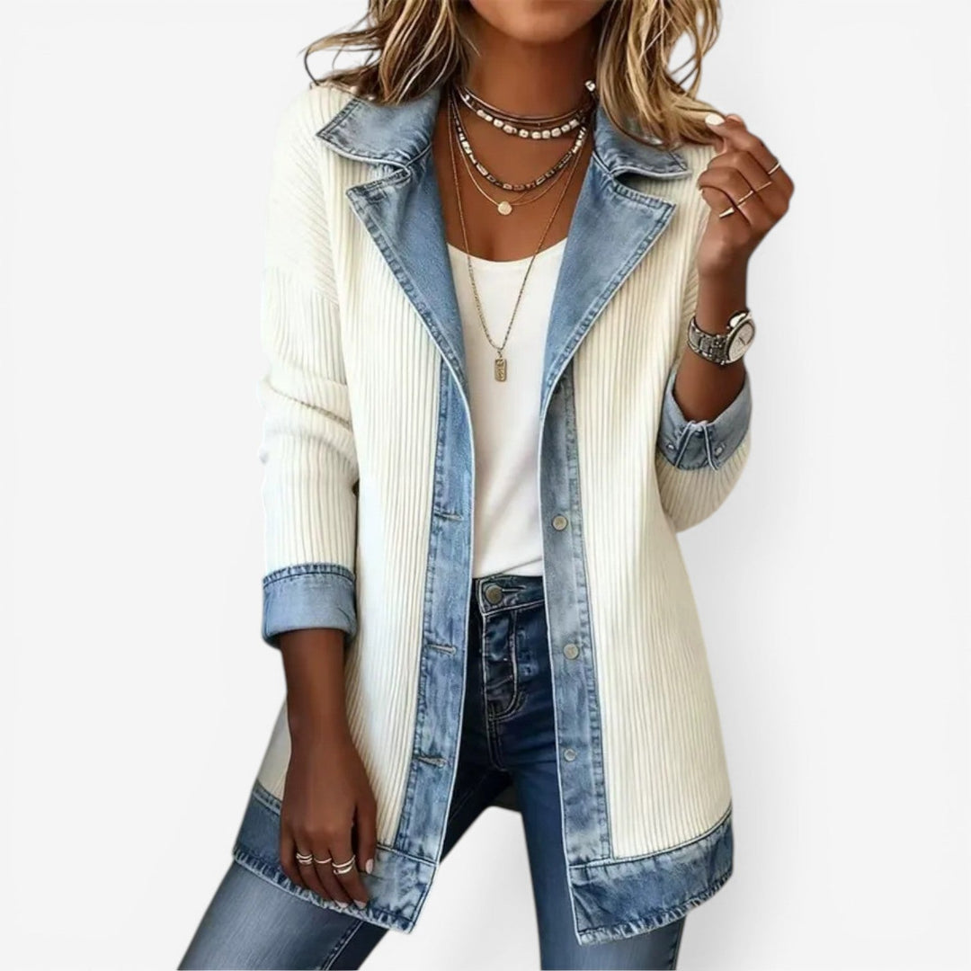 Emilia - Women's Mixed-Knit Jacket — Contrast Trim Detail