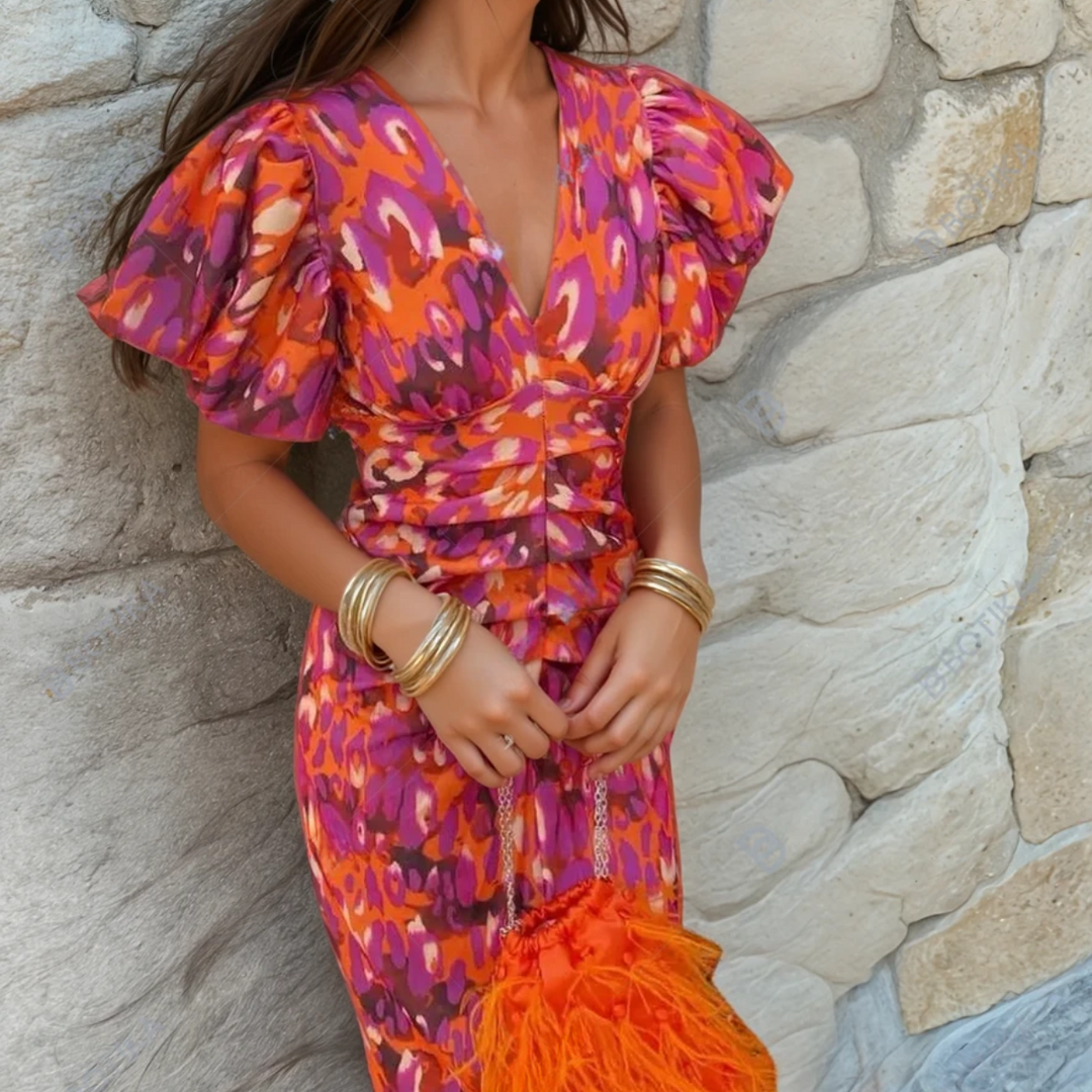CAROLE | Women's Vibrant Print Dress — V-Neck & Puff Sleeves