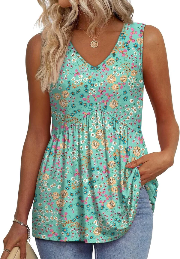 Mara™ | Peplum V-Neck Printed Tank Top
