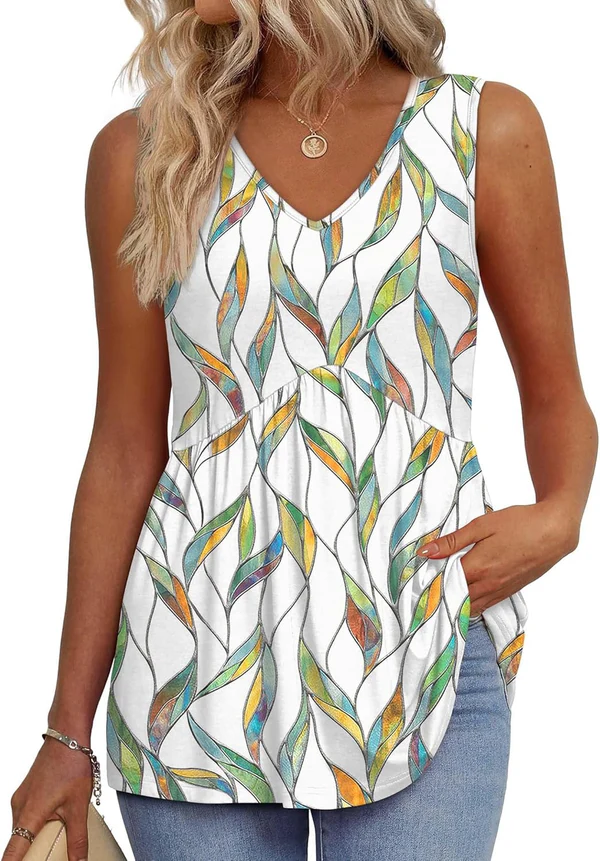 Mara™ | Peplum V-Neck Printed Tank Top