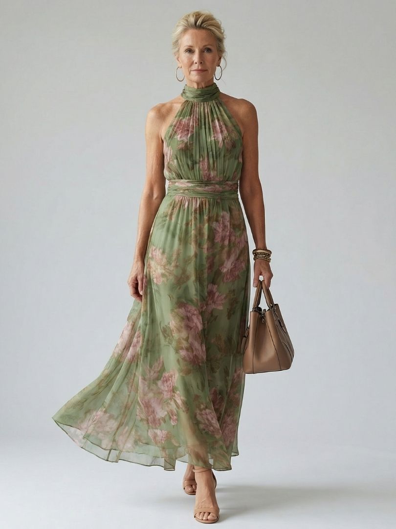 Mirelle - Women's Floral Halter Midi Dress | Gathered Bodice