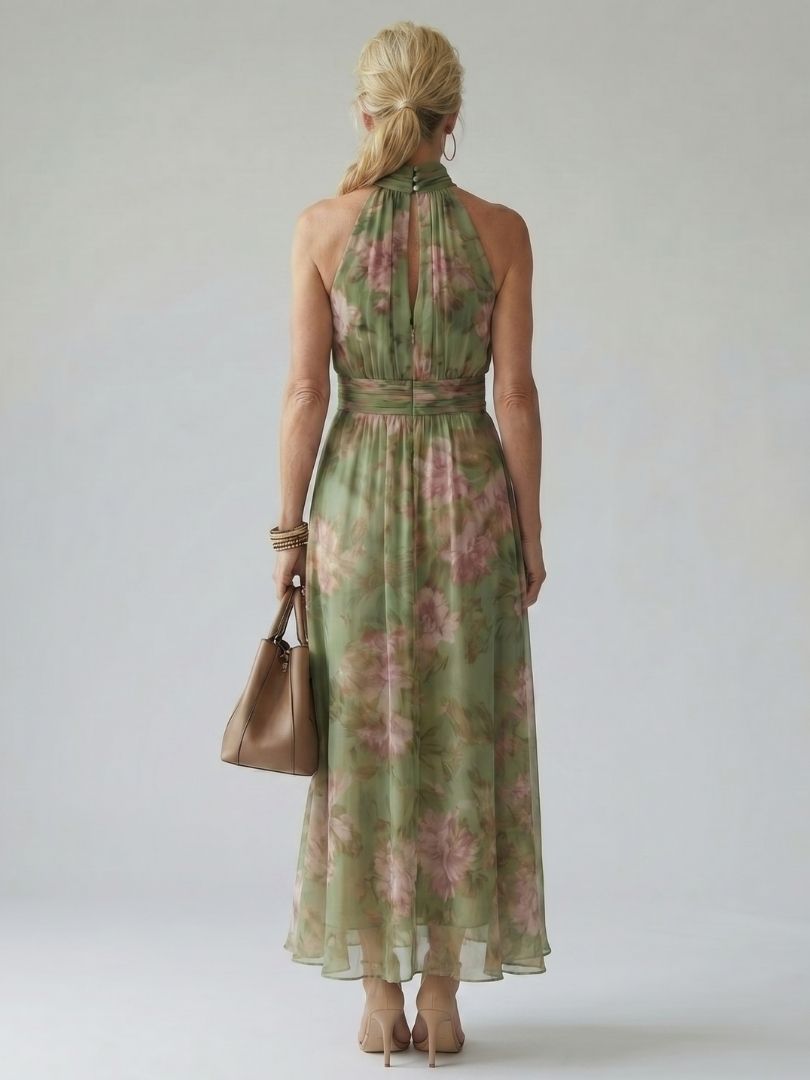 Mirelle - Women's Floral Halter Midi Dress | Gathered Bodice