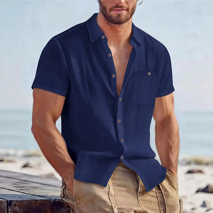 Herenshirt van linnenmix, korte mouwen, knoopsluiting, casual strandhemd met borstzak, ademend, lichtgewicht, zomerhemd voor heren