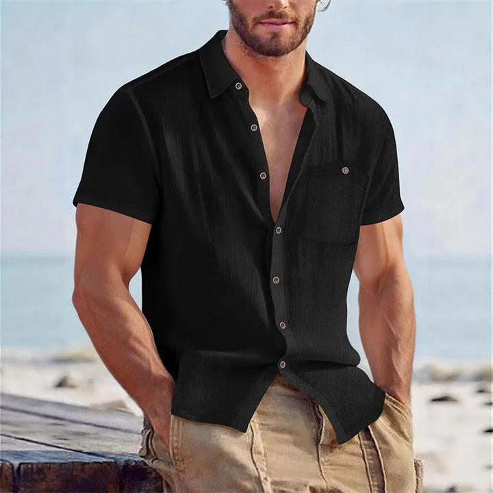Herenshirt van linnenmix, korte mouwen, knoopsluiting, casual strandhemd met borstzak, ademend, lichtgewicht, zomerhemd voor heren
