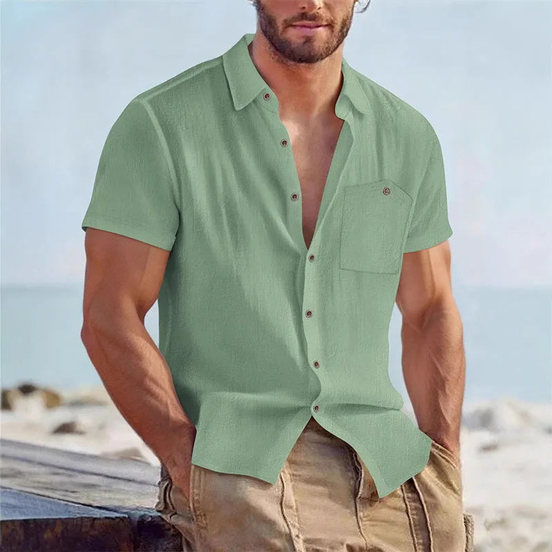 Herenshirt van linnenmix, korte mouwen, knoopsluiting, casual strandhemd met borstzak, ademend, lichtgewicht, zomerhemd voor heren