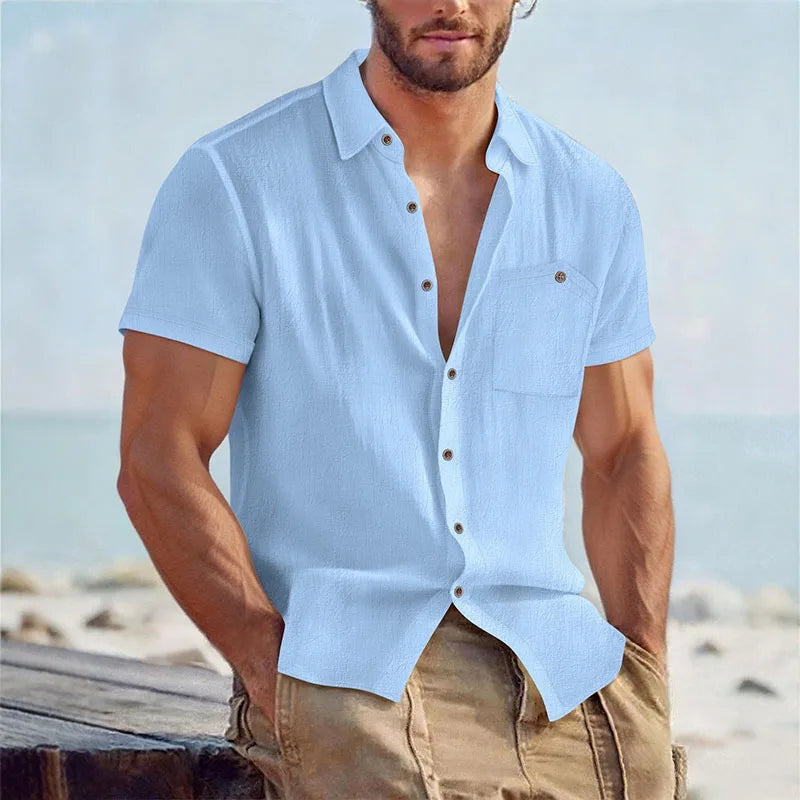 Herenshirt van linnenmix, korte mouwen, knoopsluiting, casual strandhemd met borstzak, ademend, lichtgewicht, zomerhemd voor heren