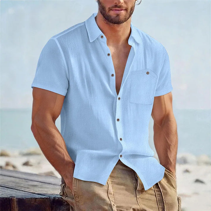 Herenshirt van linnenmix, korte mouwen, knoopsluiting, casual strandhemd met borstzak, ademend, lichtgewicht, zomerhemd voor heren