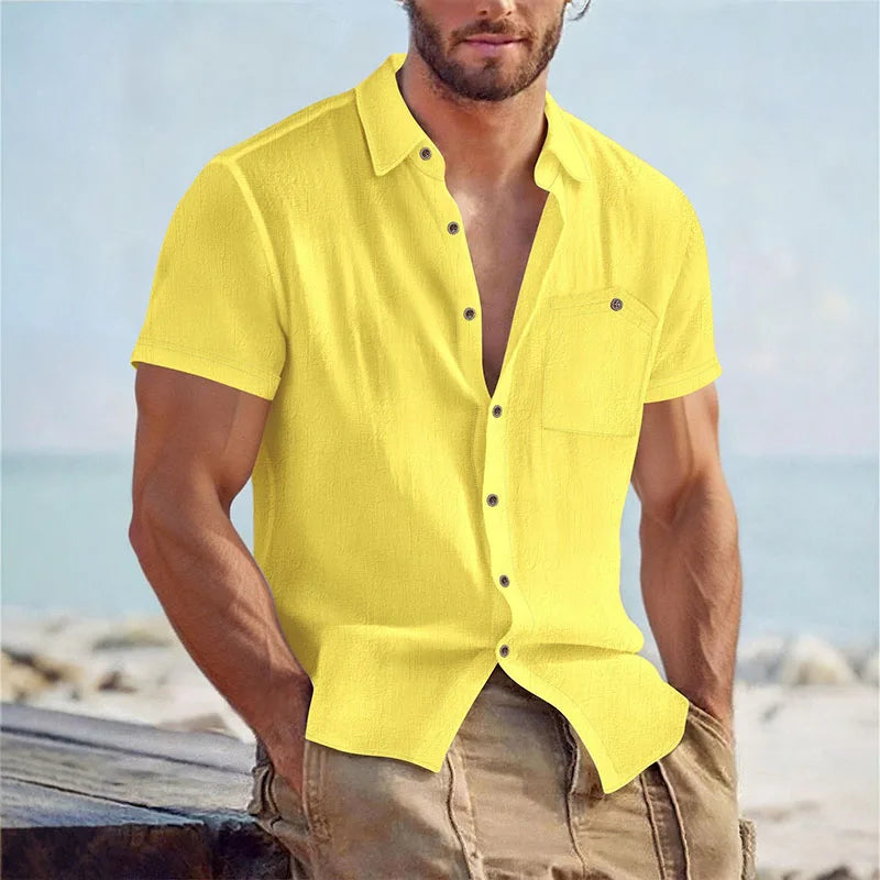 Herenshirt van linnenmix, korte mouwen, knoopsluiting, casual strandhemd met borstzak, ademend, lichtgewicht, zomerhemd voor heren