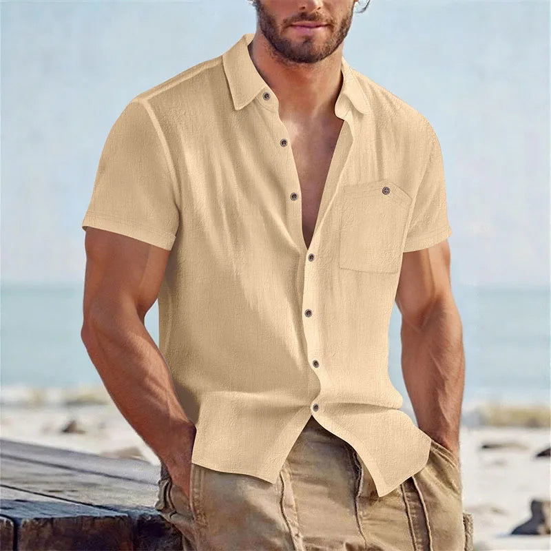Herenshirt van linnenmix, korte mouwen, knoopsluiting, casual strandhemd met borstzak, ademend, lichtgewicht, zomerhemd voor heren