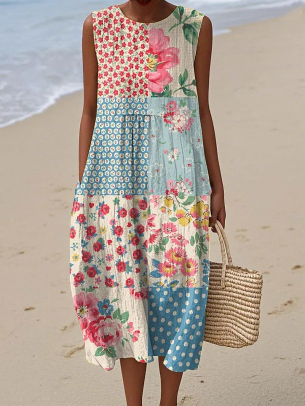 Anna™ | Women's Patchwork Midi Dress — Relaxed Floral Style
