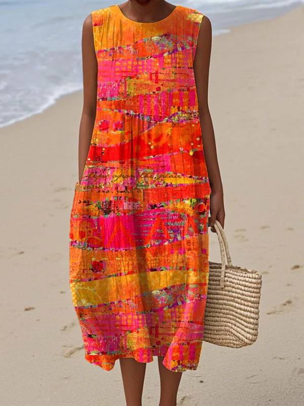 Faye™ | Women's Relaxed Midi Dress — Sunset Print