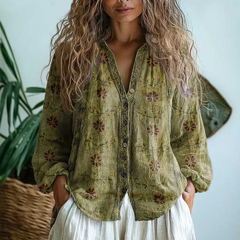 Riley | Elegant Vintage Leaf Print Shirt