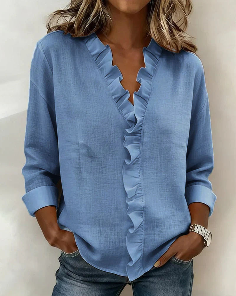 Iris™ | Ruffle V-Neck Blouse with Long Sleeves