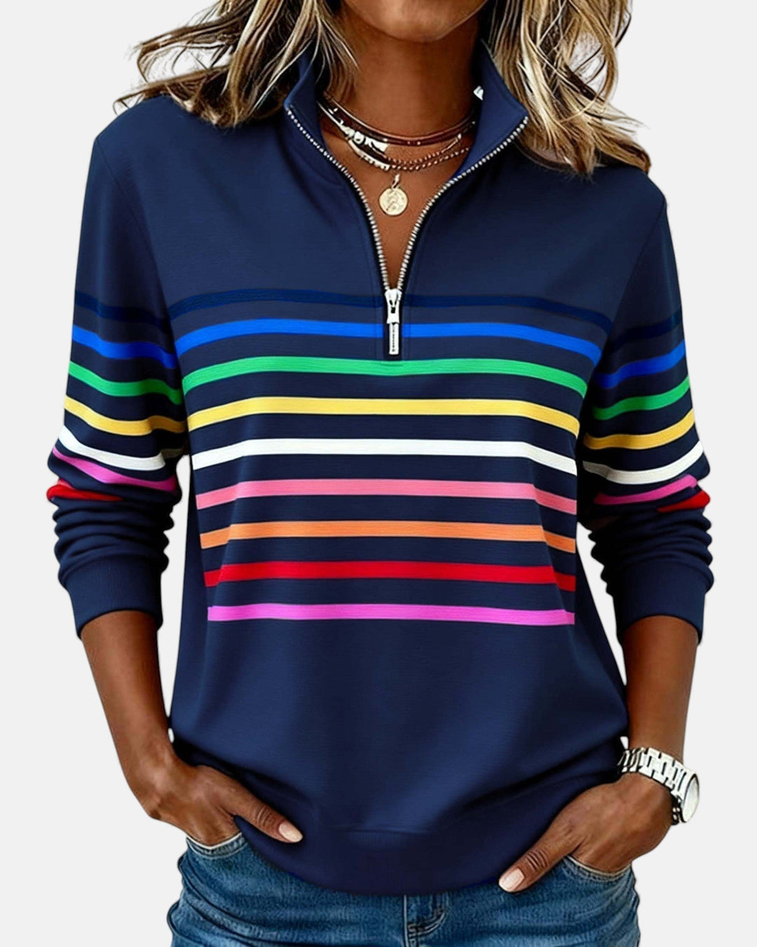 Vera - Women's Relaxed Striped Sweater with Zip Collar