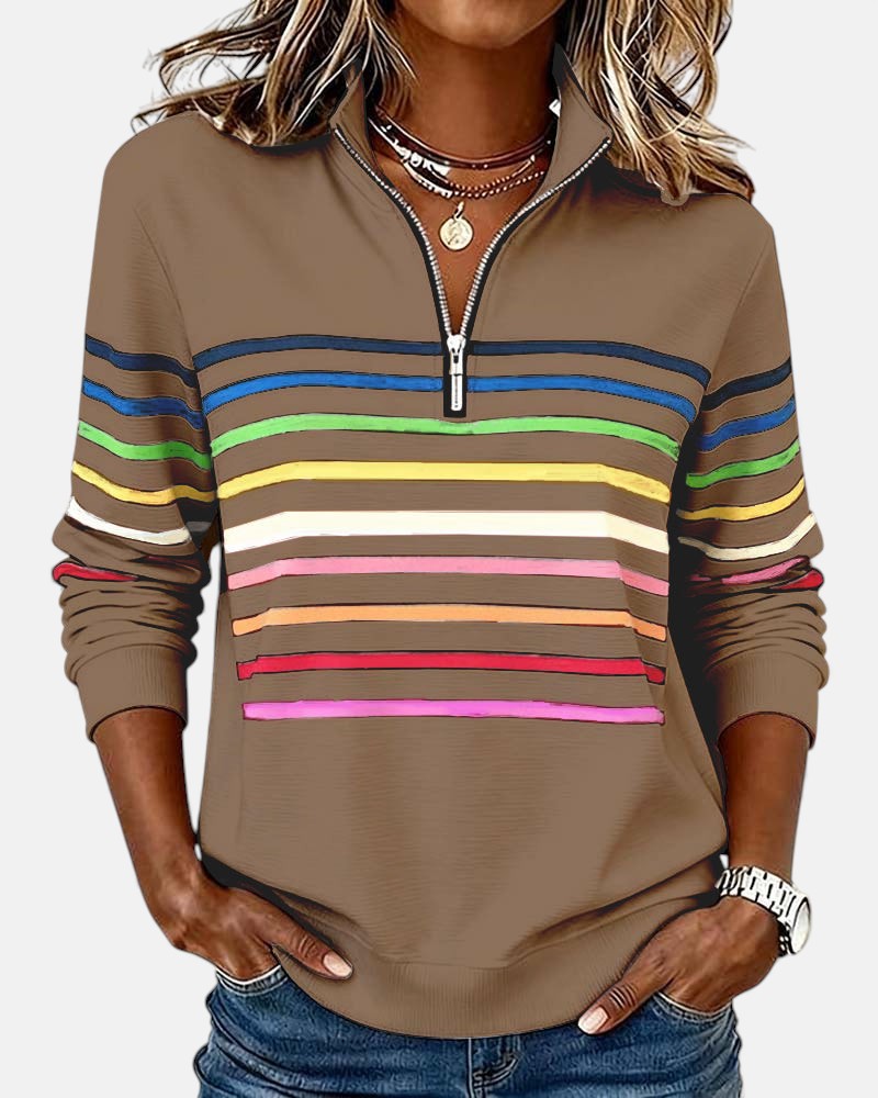 Vera - Women's Relaxed Striped Sweater with Zip Collar