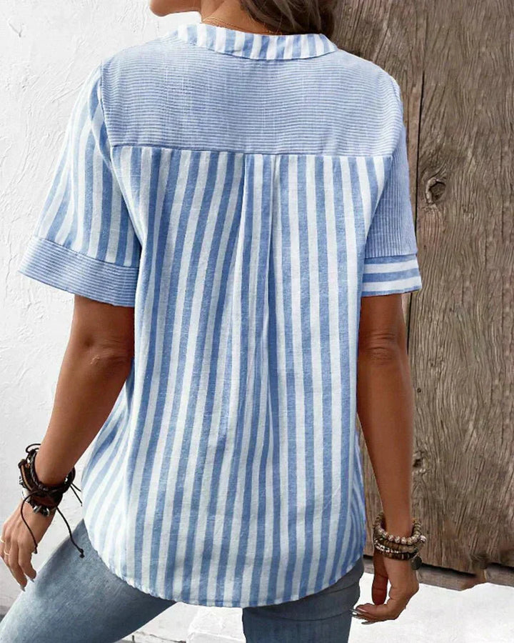 Lila | Women's Striped Blouse — Notched Neck & Flared Sleeves