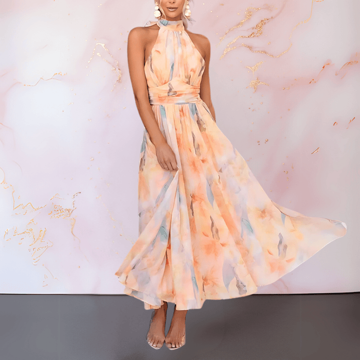 Evelyn | Halterneck Watercolour Print Dress